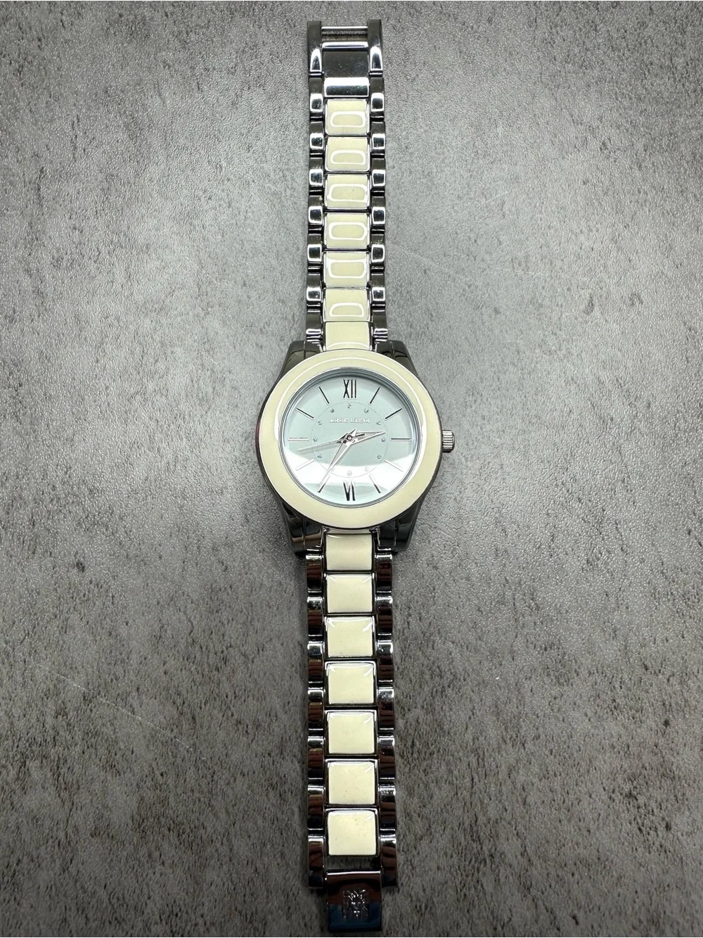 Anne Klein White Ceramic-Inlay Bracelet Watch – Crystal Dial – New Battery